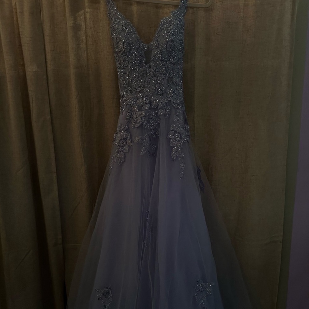 Light Blue Rhinestone A Line Prom Dress - Picture 6 of 7
